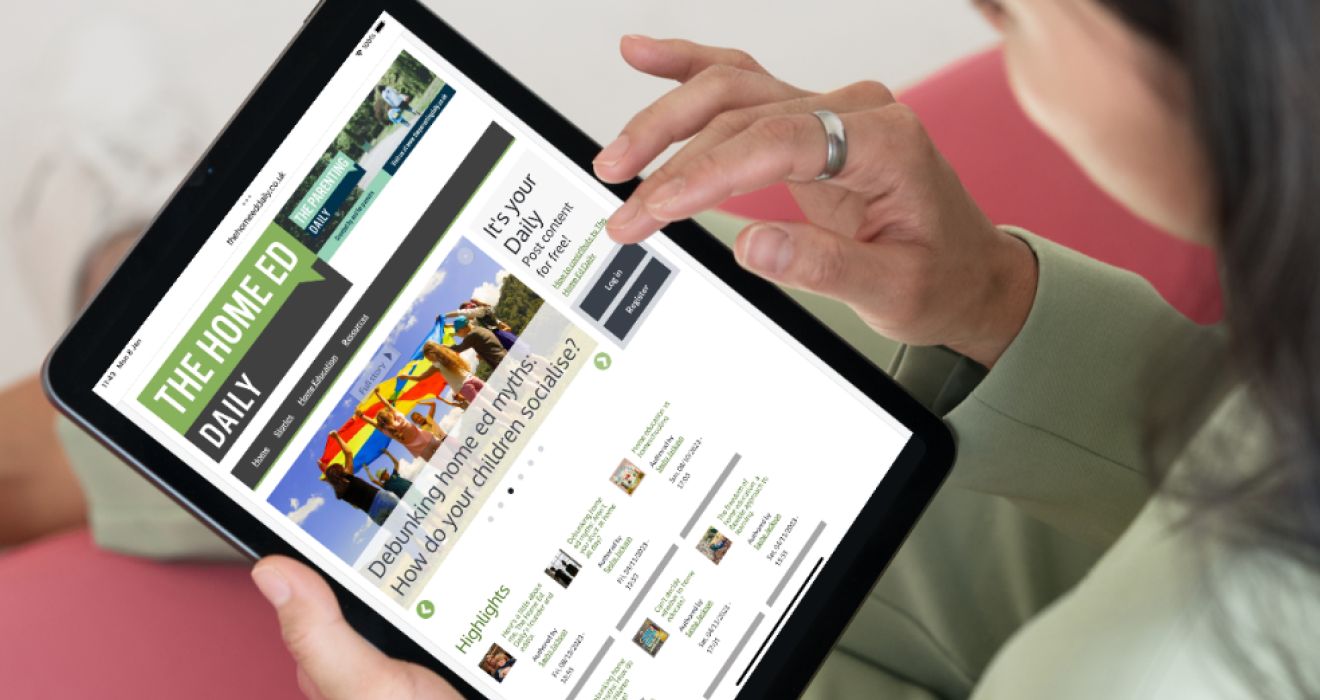 "The Home Ed Daily" home education website being viewed on a tablet