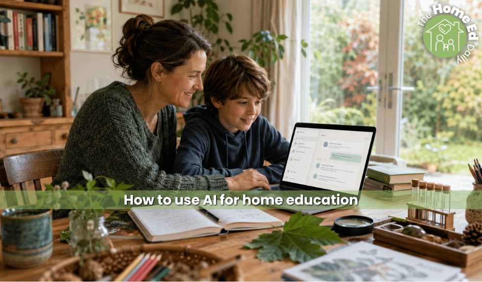 Home educating parent and child using AI learning prompts on a laptop for personalised home education planning Parent and child using AI learning prompts on a laptop for personalised home education.