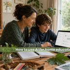 Home educating parent and child using AI learning prompts on a laptop for personalised home education planning Parent and child using AI learning prompts on a laptop for personalised home education.
