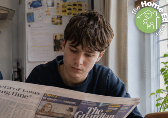 Parent and child sitting together at a kitchen table reading a newspaper. The Home Ed Daily
